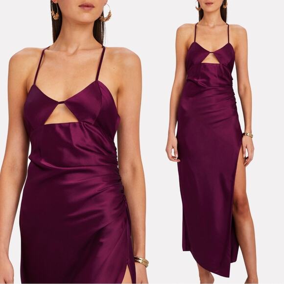 The Sei | Ruched Cut Out Silk Midi Dress in Burgundy Oxblood 2 - Picture 2 of 16